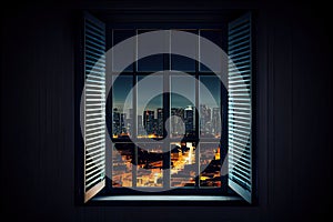 window with fixed louver and view of cityscape at night