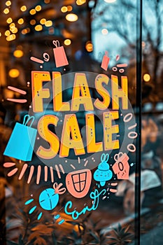 A window with a flash sale sign on it, AI