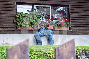 Window with flower and funny jeans, Kordiky, Kremnica hills, Slovakia