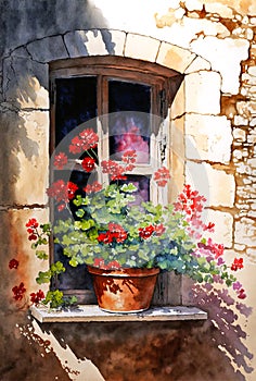 Window flower pot with red flowers, old building, digital watercolor painting