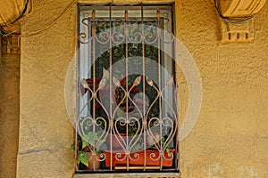 Window with flowerpots and ornamental plants behind bars on a brown wall