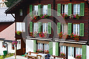 Window flowers on the building in Wengen,Switzerland
