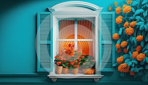 Window with flowers in pot on blue wall. 3D rendering.