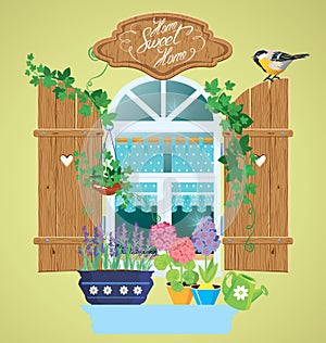 Window and flowers in pots, tomtit bird