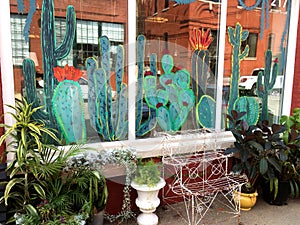 Window Front with Plants and Painted Cactus photo