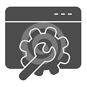 Window with gear and wrench solid icon. Web application control settings symbol, glyph style pictogram on white