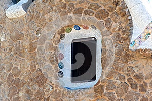 Window of the gingerbread pavillion, Park GÃ¼ell, Barcelona, Spain