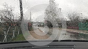 Window glass, rainy day, Rain drops on windshield car