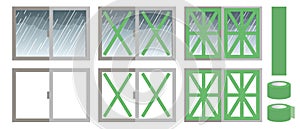 Window glass with shatterproof tape,Simple illustration of window glass, rain outside the window