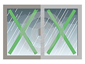 Window glass with shatterproof tape,Simple illustration of window glass, rain outside the window