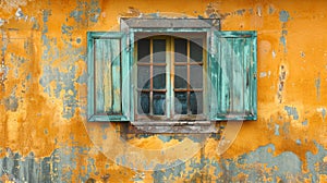 A window with a green shutters on an old wall, AI