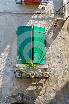 Window with green shutters and some plants in the old town of Malcesine in Italy