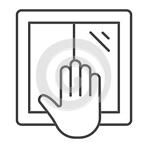 Window and hand thin line icon, labour day concept, window installation sign on white background, worker hand and home