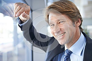 Window, happy and portrait of business man in office for thinking, pride and confident lawyer for company. Corporate