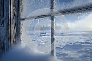 A window with ice hanging off its sides is captured on a clear winter day against a backdrop of a bright blue sky, A frosted