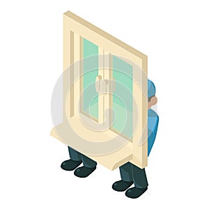 Window installation icon isometric vector. Worker carry window for installation