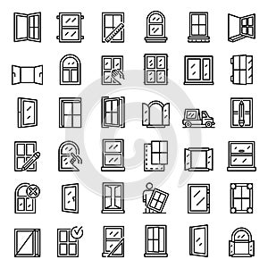 Window installation icons set, outline style