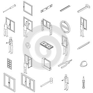 Window installation icons set vector outline