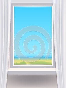 Window in interior, view on landscape, spring, curtains. Vector illustration template realistic