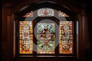 window with intricate design, including stained glass and leaded glass