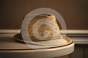 The window light is shining on the straw hat on the table