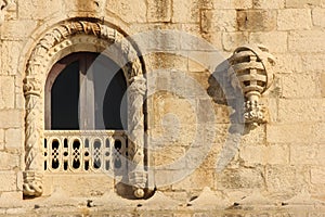 Window in Manueline style. Belem Tower. Lisbon. Portugal