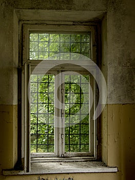 Window in old dirty abandoned building