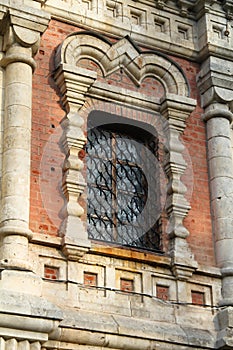 Window of an old Russian church in the central part of Russia in the Lipetsk region in the village of Berezovka.