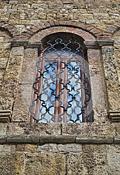 Window on old stone monastery in Serbia