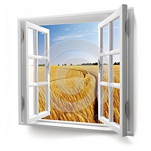 window open with field behindon white background