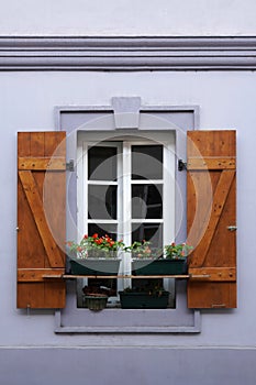 Window with open shutters and flowers in front of it