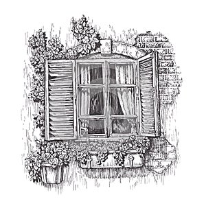 Window with open wooden shutters. Vintage sketch