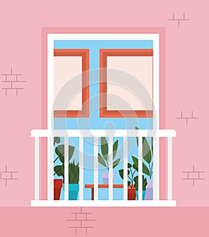 Window from outside with view into the pink house vector design