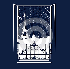 Window over Paris night scene with falling snow - open balcony door and winter city view vector design