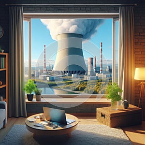A window overlooking a nuclear power plant.