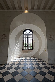 Window overlooking the River Cher in the Medici Gallery at Chateau de Chenonceau in the Loire Valley, central France.