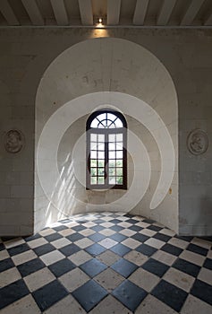 Window overlooking the River Cher in the Medici Gallery at Chateau de Chenonceau in the Loire Valley, central France.