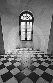 Window overlooking the River Cher in the Medici Gallery at Chateau de Chenonceau in the Loire Valley, central France.