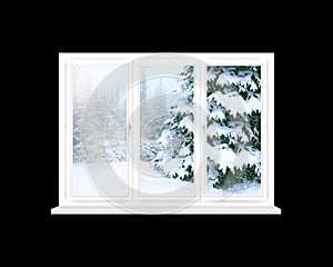 Window overlooking winter forest. Panorama to snowy trees from room windows