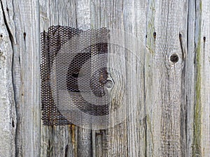 Window with perforated rusty metal grate on gray weathered wooden wall