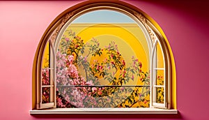 Window with pink flowers on a pink wall. Spring season concept.