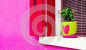 Window with pink shutters on the pink facade of the house