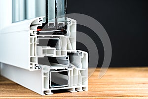 Window profile cross section, triple glazing structure, energy efficient solution, copy space