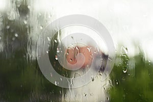 Window with rain drops with wiev on a forest and house