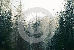 Window with raindrops streaming down with a view to a forest