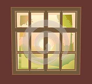 Window is rectangular. With window sill and wall fragments. Day. Summer sunrise landscape view. Cartoon style. Flat
