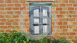 Window and red brick wall in a colorful style. Authentic design