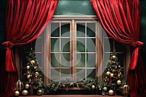 window with red curtain and christmas decoration