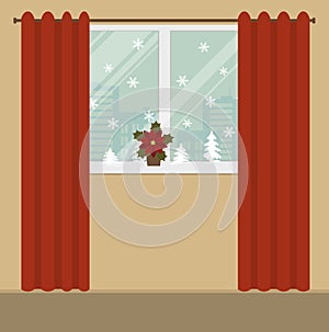 Window with red curtains, decorated with Christmas decoration