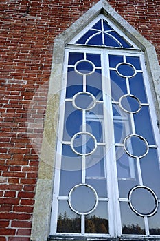 window reflection Sankt-Petersburg architecture details brick wall sky blue